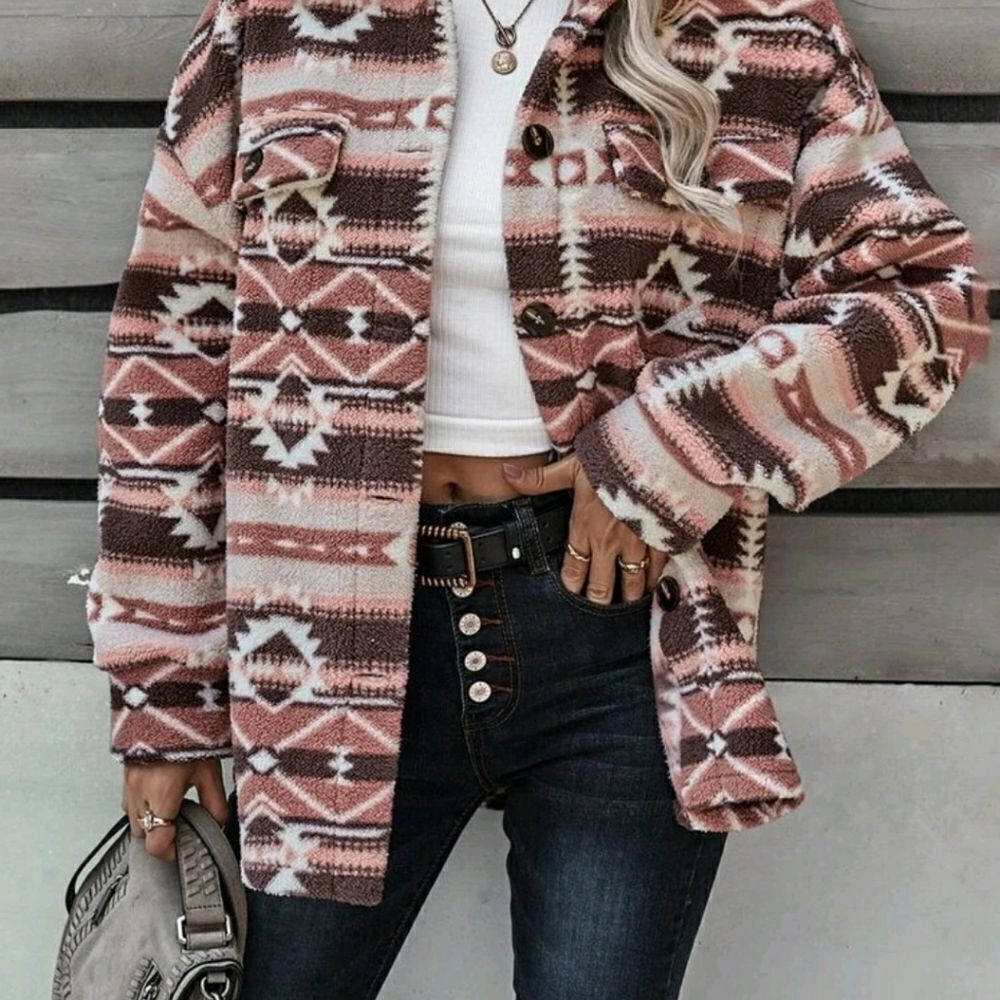 Geo Pattern Drop Shoulder Fleece Coat